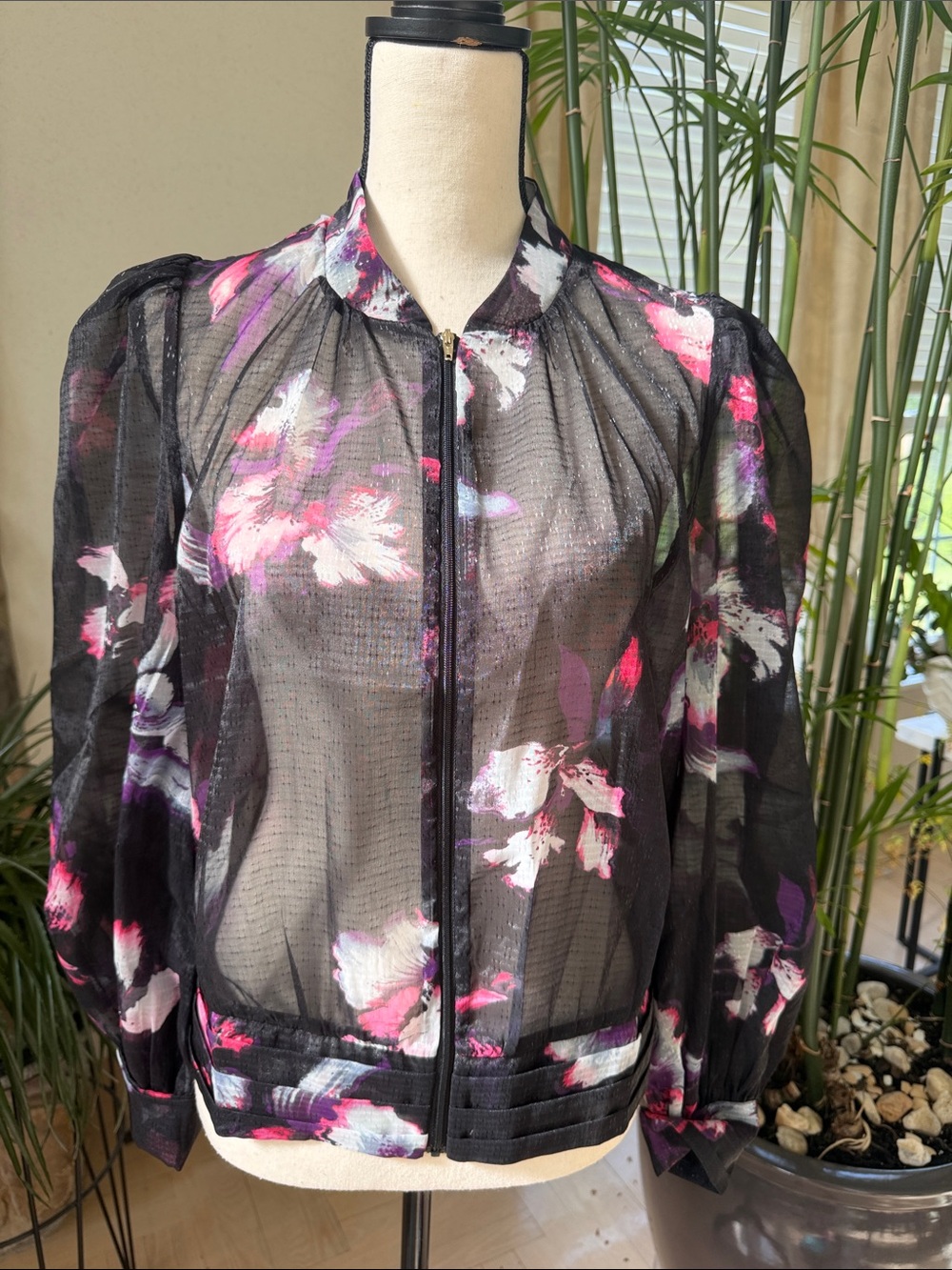 Sheer Floral Zip-Front Bomber Jacket - Black/Pink